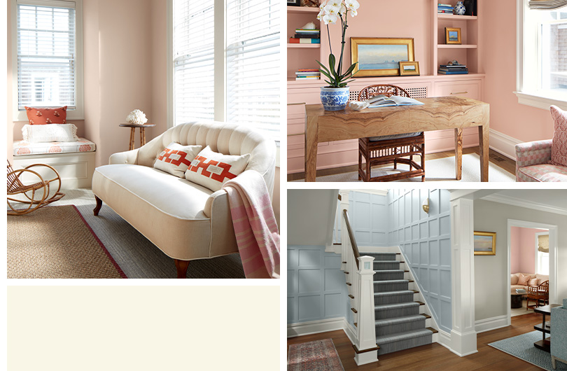 A collage of images including a hallway, dining room, and bedroom, each painted in hues from the Benjamin Moore Colour Trends 2026 palette.