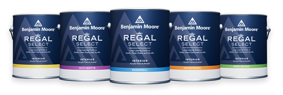 Five 3.79 L cans of Regal® Select Interior paint.